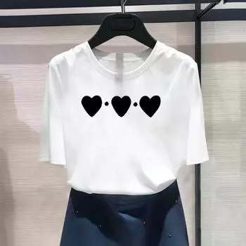 Женская футболка с азиатским размером и принтом Love Heart Sweet Style Trend, женская футболка, повседневная женская летняя футболка, модная футболка с коротким рукавом и рисунком S