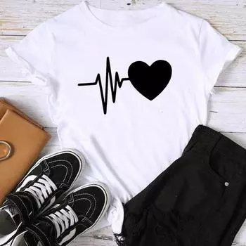 Женская футболка с азиатским размером и принтом Love Heartbeat, милая женская одежда, повседневная женская летняя футболка с графическим принтом, модная футболка с коротким рукавом S