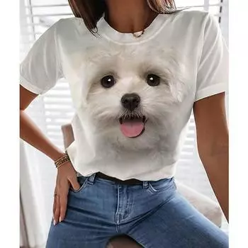 Женская футболка с белой собакой, футболки с 3D принтом, женские модные футболки с животными, топы с короткими рукавами, футболки, кавайные топы, раскраска Camisetas S