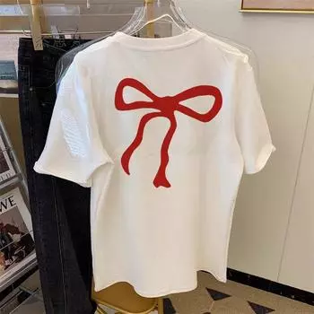 Женская футболка с белым бантом и короткими рукавами, летняя новая простая универсальная женская футболка, свободный топ с круглым вырезом, корейская версия S