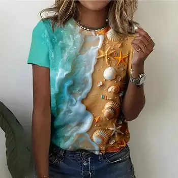 Женская футболка с бирюзовым пляжным мотивом, 3D-дизайном ракушек и морских звезд - летняя атмосфера океана, прибрежный стиль отдыха S