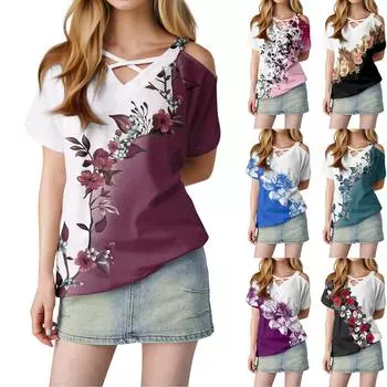 Женская футболка с блестками и принтом, повседневная, с открытыми плечами, V-образным вырезом и короткими рукавами M винный