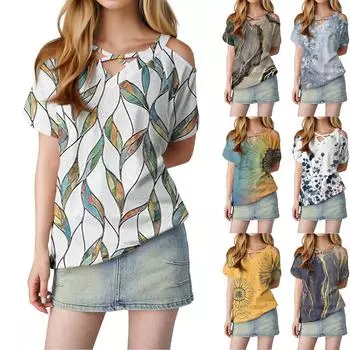 Женская футболка с блестками и принтом, повседневная, с открытыми плечами, V-образным вырезом и короткими рукавами L