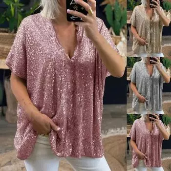 Женская футболка с блестками и V-образным вырезом, однотонный пуловер с короткими рукавами, топ S розовый