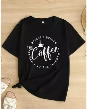 Женская футболка с буквенным принтом больших размеров - повседневный топ с коротким рукавом для весны и лета 1XL чёрный