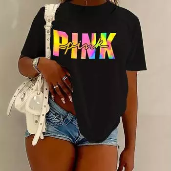 Женская футболка с буквенным принтом и графическим принтом, повседневный топ с круглым вырезом и короткими рукавами на весну и лето XS чёрный