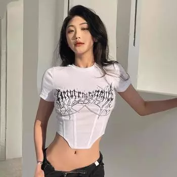 Женская футболка с буквенным принтом и металлической цепочкой, базовые футболки, укороченная блузка с короткими рукавами, дорожная футболка M белый