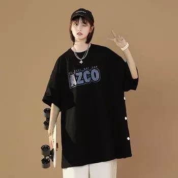 Женская футболка с буквенным принтом, летняя свободная футболка с круглым вырезом и короткими рукавами для студентов, повседневный универсальный модный топ для девочек M чёрный