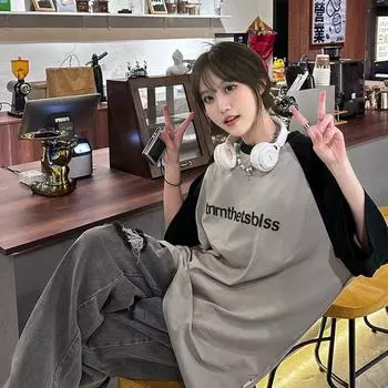 Женская футболка с буквенным принтом, осенне-зимняя, с длинным рукавом, в стиле пэчворк, модный ретро-топ с контрастным вырезом Y2K, горячая девушка, одежда Kpop L чёрный