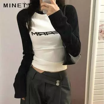 Женская футболка с буквенным принтом, осенне-зимняя, с длинным рукавом, в стиле пэчворк, модный ретро-топ Y2K с контрастным O-образным вырезом, горячая девушка в стиле Kpop S белый