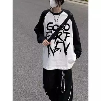Женская футболка с буквенным принтом, осенне-зимняя, с длинным рукавом, в стиле пэчворк, модный ретро-топ с контрастным вырезом Y2K O-образным вырезом S чёрный