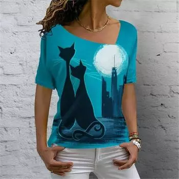 Женская футболка с цифровым 3D принтом мультяшного кота, летняя повседневная летняя повседневная футболка с коротким рукавом с косым воротником, персонализированные женские топы, одежда 4XL