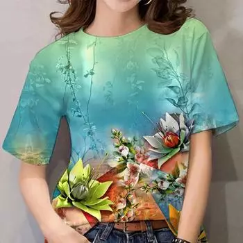 Женская футболка с цифровым принтом и цветочным принтом, летняя футболка с круглым вырезом в стиле Харадзюку, модная уличная удобная повседневная футболка с короткими рукавами 6XL