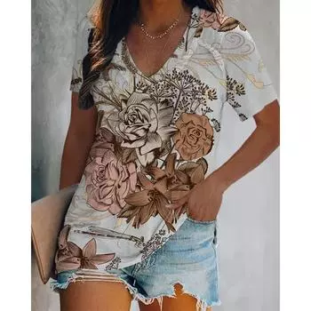 Женская футболка с цифровым принтом, одежда в стиле Харадзюку, летние футболки с v-образным вырезом и короткими рукавами, городская свободная блузка, уличная одежда большого размера 3XL