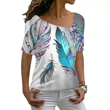 Женская футболка с цифровым принтом в виде листа, летняя футболка Harajuku с коротким рукавом, модная, сексуальная, с косым вырезом, уличная, удобная, женская, повседневная L