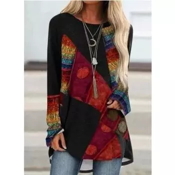 Женская футболка с цветным блоком, футболка с 3d принтом, женская модная футболка, женская футболка, футболка с граффити, туника, топы, футболки с длинным рукавом S