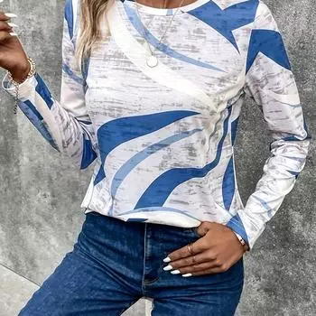 Женская футболка с цветными блоками — мягкая и стильная, с круглым вырезом, длинными рукавами — идеально подходит для весны и осени — повседневная одежда S