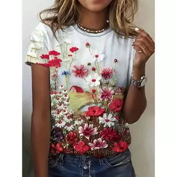 Женская футболка с цветочным 3D-принтом, модная футболка, футболка оверсайз, женская одежда, футболка с цветочным принтом, свободная повседневная уличная одежда 2XS