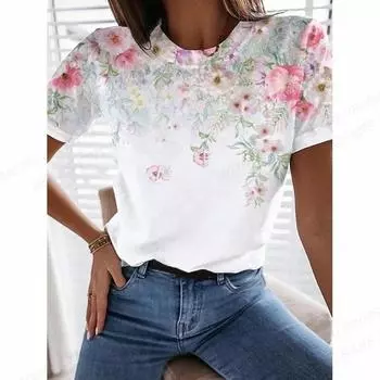 Женская футболка с цветочным 3d принтом, женская модная футболка большого размера, летние топы в стиле Харадзюку, футболки с цветочным принтом, женские топы Camiseta, Корея 2XL