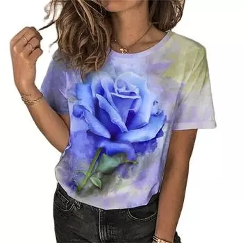 Женская футболка с цветочным цифровым 3D принтом, модная тенденция, тонкий легкий косой воротник, белая одежда с короткими рукавами, летний пуловер для отдыха 5XL