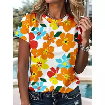 Женская футболка с цветочным художественным абстрактным принтом, круглым вырезом, свободная, с коротким рукавом, для поездок на работу, на пляж, для отпуска, повседневная женская футболка S