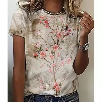 Женская футболка с цветочным принтом, 3D-печать, повседневная, короткие рукава, летняя, круглая горловина, пуловер, свитер, свободный, свободный, уличная одежда XXS