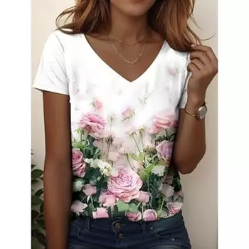 Женская футболка с цветочным принтом 3D, стильная повседневная, с коротким рукавом и круглым вырезом, обычные топы, на каждый день, на выход, на выходные, с принтом S