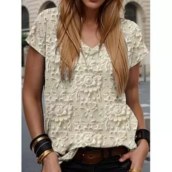 Женская футболка с цветочным принтом 3D, стильная повседневная, с коротким рукавом, V-образным вырезом, обычные топы, на каждый день, на выход, на выходные, с принтом, фиолетово-белого цвета, лето-весна XS