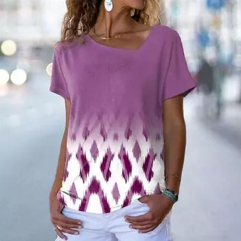 Женская футболка с цветочным принтом 3d, весна/лето, асимметричный топ с V-образным вырезом и короткими рукавами S