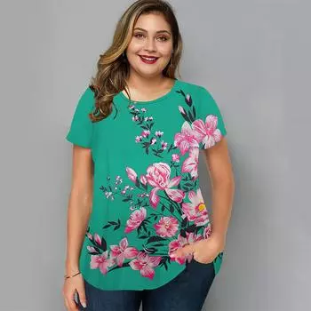 Женская футболка с цветочным принтом большого размера Y2k, одежда для девочек с круглым вырезом, модная блузка с короткими рукавами, новая летняя уличная одежда, женские повседневные топы M