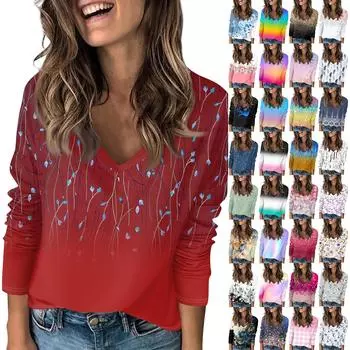 Женская футболка с цветочным принтом, длинный рукав, повседневная, выходного дня, модная, базовая, с V-образным вырезом, стандартный топ M оранжевый