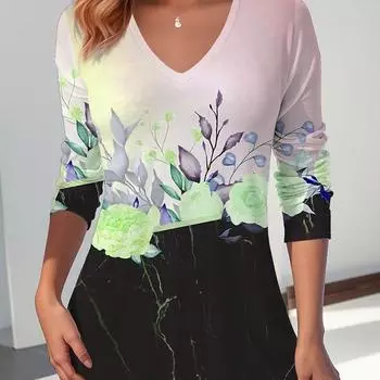 Женская футболка с цветочным принтом, длинными рукавами, праздничные выходные, мода, V-образный вырез, обычная версия, футболки на весну и осень S