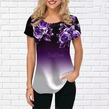 Женская футболка с цветочным принтом, фиолетовая одежда для женщин, модные повседневные футболки с короткими рукавами, женские толстовки большого размера, топы с круглым вырезом XL