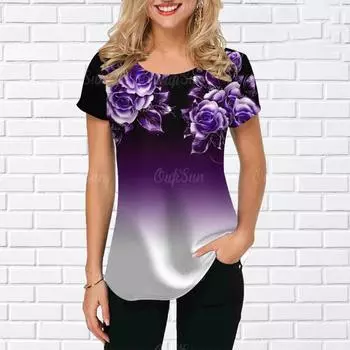 Женская футболка с цветочным принтом, фиолетовая одежда для женщин, модные повседневные футболки с короткими рукавами, женские толстовки большого размера, топы с круглым вырезом XXL