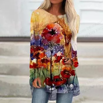 Женская футболка с цветочным принтом Футболка с цветочным принтом Женская мода Футболки с изображением растений и цветов Футболки с длинным рукавом Футболки с рисунком Y2K S