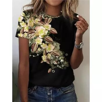 Женская футболка с цветочным принтом и 3D-принтами, повседневные топы с коротким рукавом S