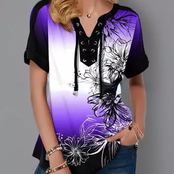 Женская футболка с цветочным принтом и коротким рукавом, повязка с крестом и v-образным вырезом, свободная футболка, женские топы больших размеров, летние футболки, одежда S