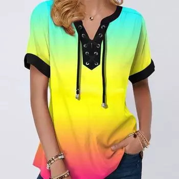 Женская футболка с цветочным принтом и коротким рукавом, повязка с крестом и v-образным вырезом, свободная футболка, женские топы больших размеров, летние футболки, одежда S