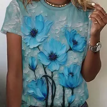 Женская футболка с цветочным принтом и масляной живописью — повседневная, с круглым вырезом, коротким рукавом, для весны/лета, можно стирать в стиральной машине S