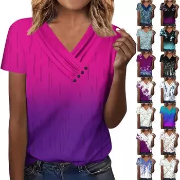 Женская футболка с цветочным принтом и праздничными пуговицами с короткими рукавами, базовые топы с V-образным вырезом L чёрный