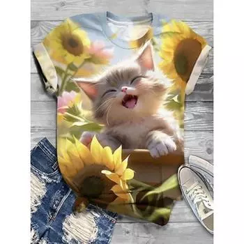 Женская футболка с цветочным принтом и принтом кота, праздничная, выходного дня, модная, смешная, с коротким рукавом и круглым вырезом, черная, весна и лето S