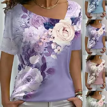 Женская футболка с цветочным принтом и принтом роз, базовые топы с V-образным вырезом, футболка с коротким рукавом XS-8XL/3D-печать S
