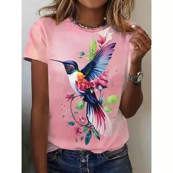 Женская футболка с цветочным принтом и птицами, повседневная, с коротким рукавом, круглым вырезом, обычные топы, повседневный принт, розовое лето S
