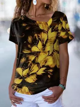 Женская футболка с цветочным принтом и рисунком роз, базовый топ с V-образным вырезом и коротким рукавом, XS-8XL/3D-печать S