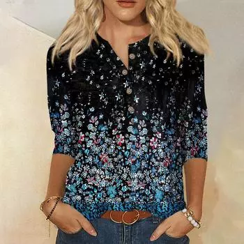 Женская футболка с цветочным принтом и рукавом три четверти, верхняя футболка, нижняя рубашка L чёрный
