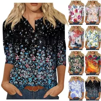 Женская футболка с цветочным принтом и рукавом три четверти, верхняя футболка, нижняя рубашка L чёрный