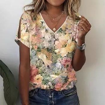 Женская футболка с цветочным принтом и вырезами на пуговицах Holiday Weekend Basic с коротким рукавом и V-образным вырезом, желтая S