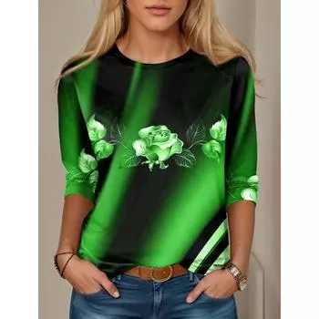 Женская футболка с цветочным принтом, красный, синий, фиолетовый, топы с длинным рукавом, модные на выходные, с круглым вырезом, стандартный крой, весна и осень S