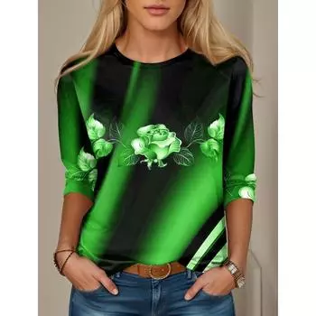 Женская футболка с цветочным принтом, красный, синий, фиолетовый, топы с длинным рукавом, модные на выходные, с круглым вырезом, стандартный крой, весна и осень S