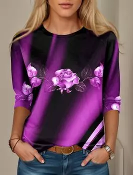 Женская футболка с цветочным принтом, красный, синий, фиолетовый, топы с длинным рукавом, модные на выходные, с круглым вырезом, стандартный крой, весна и осень XL